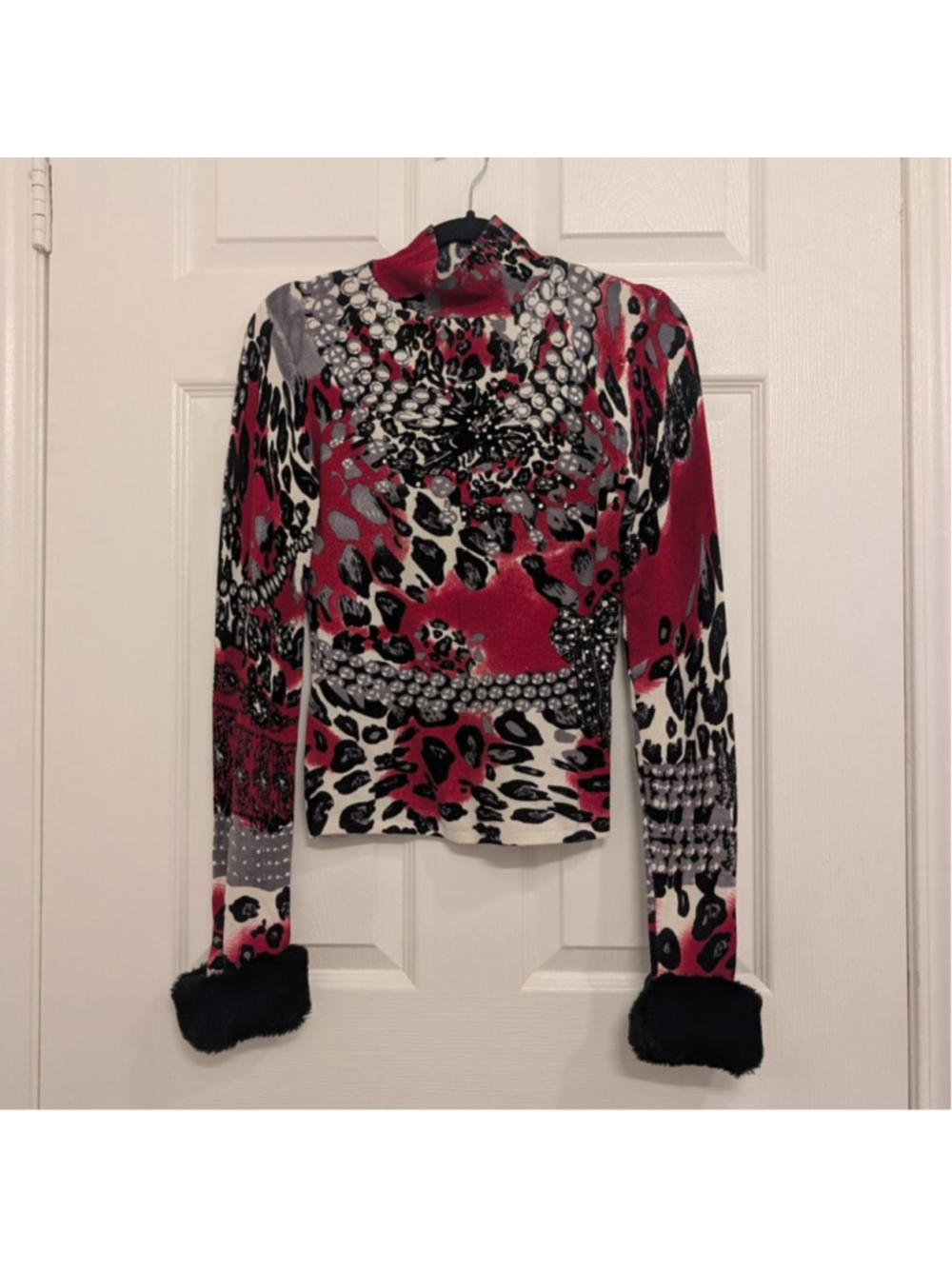 Vintage 90s Y2K Mock Neck Animal Print Top Faux Fur Cuffs -This st Bling Bratz S